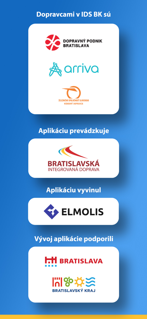IDS BK  Cestujeme jednoduchšie - Logos of transit operators and regional partners for the IDS BK app in Bratislava