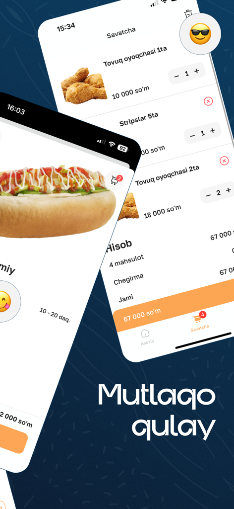 Yewoo mobile app screens showing a food menu and shopping cart in the Uzbek language