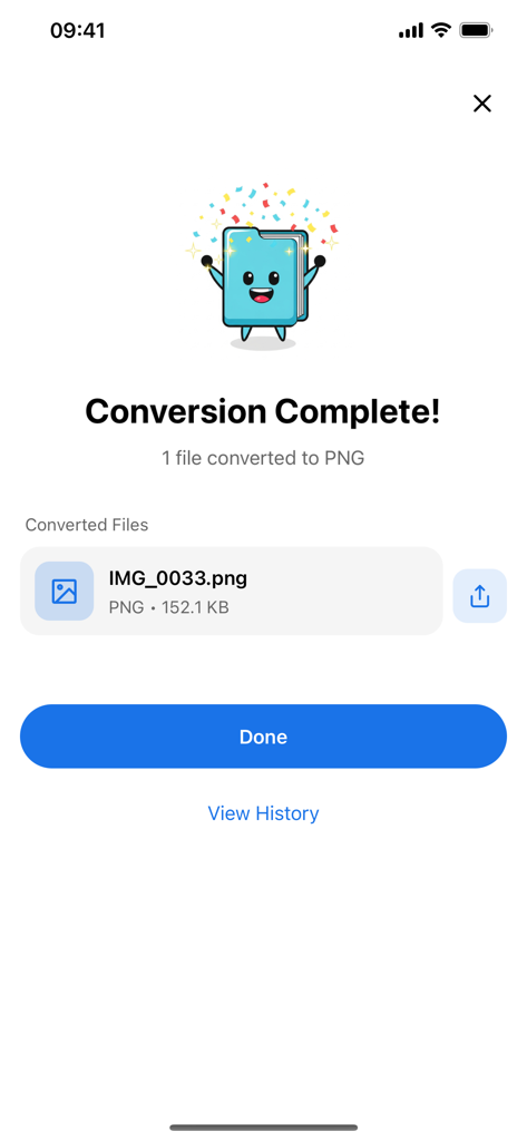 Image Format Converter - Imogo - Success screen of the Imogo app showing a completed image conversion to PNG format