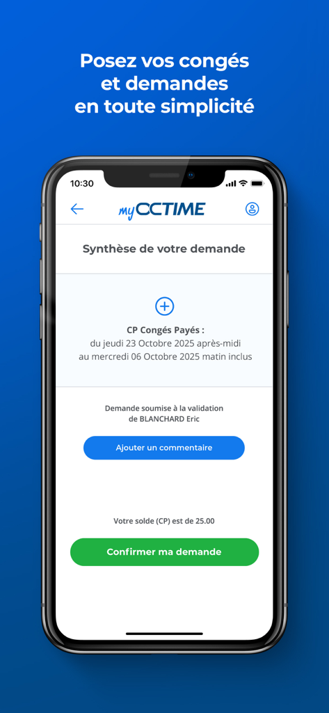 Écran de résumé des demandes de congés sur l'application mobile myOCTIME