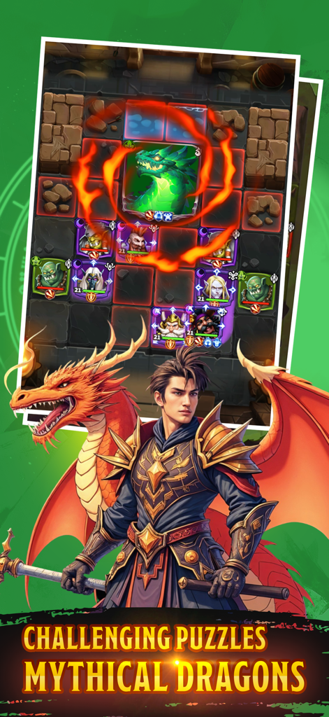Friends & Dragons - Puzzle RPG - A tactical puzzle RPG battle screen featuring a green dragon boss and heroic champions on a grid board.