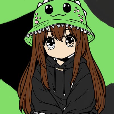 girl with anime shaped eyes with a dinosaur bucket hat oversized sweatshirt long straight hair