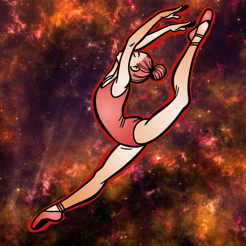 gymnast doing a leap in a leotard with a bent back leg