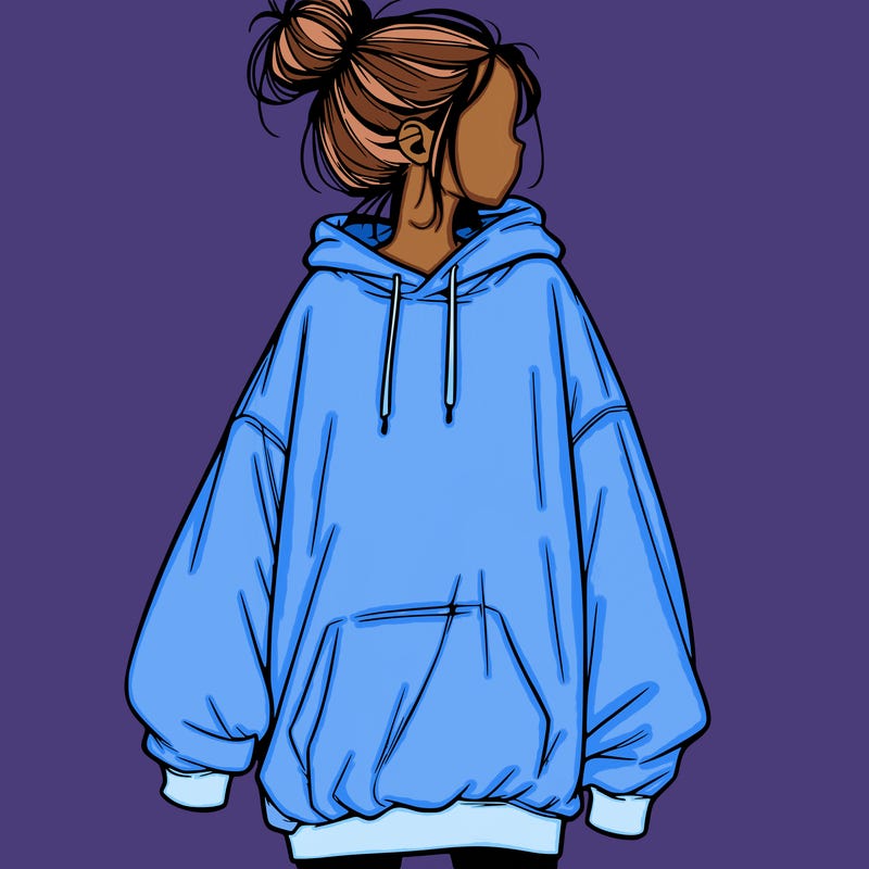 realistic girl with a oversized sweatshirt on and a bun