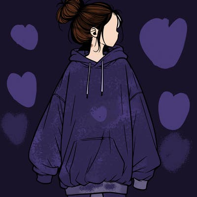 realistic girl with a oversized sweatshirt on and a bun