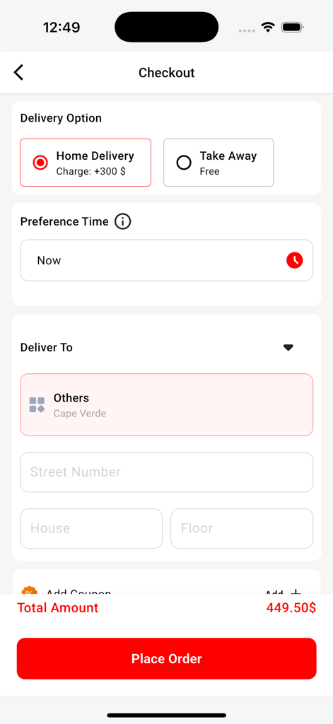 Mazoneat - 마조니트 앱의 결제 페이지에 배달 옵션, 주소 입력란, 주문하기 버튼이 표시됩니다.