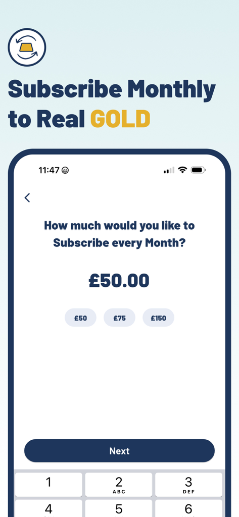 Metfolio: Buy Real Gold - Metfolio app interface for setting up a monthly subscription to buy physical gold starting at fifty pounds.