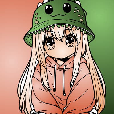 girl with anime shaped eyes with a dinosaur bucket hat oversized sweatshirt long straight hair