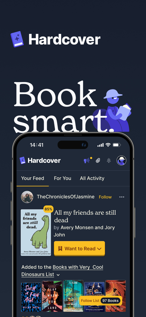 Hardcover.app - Interfaz de la aplicación Hardcover que muestra un feed social con actualizaciones de seguimiento de libros y listas curadas.