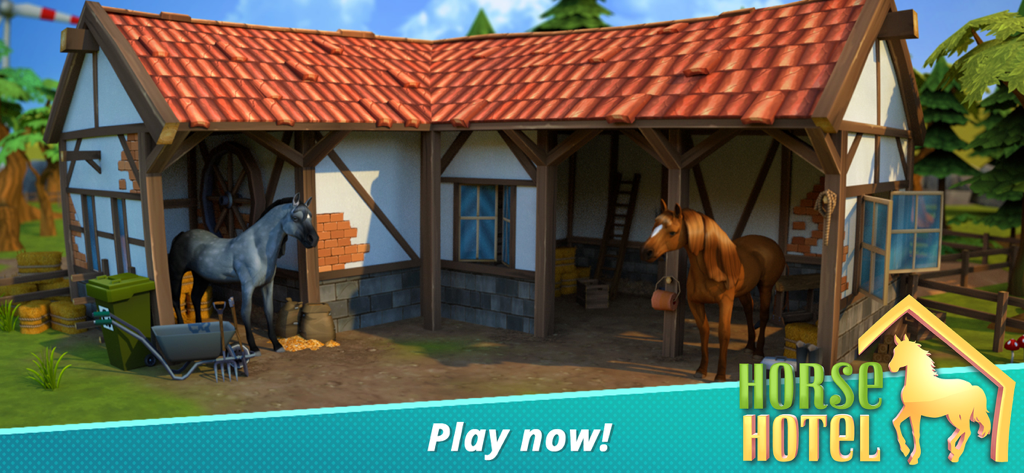 ホースホテルプレミアムの木製厩舎の中に立つグレーと茶色の馬たち。