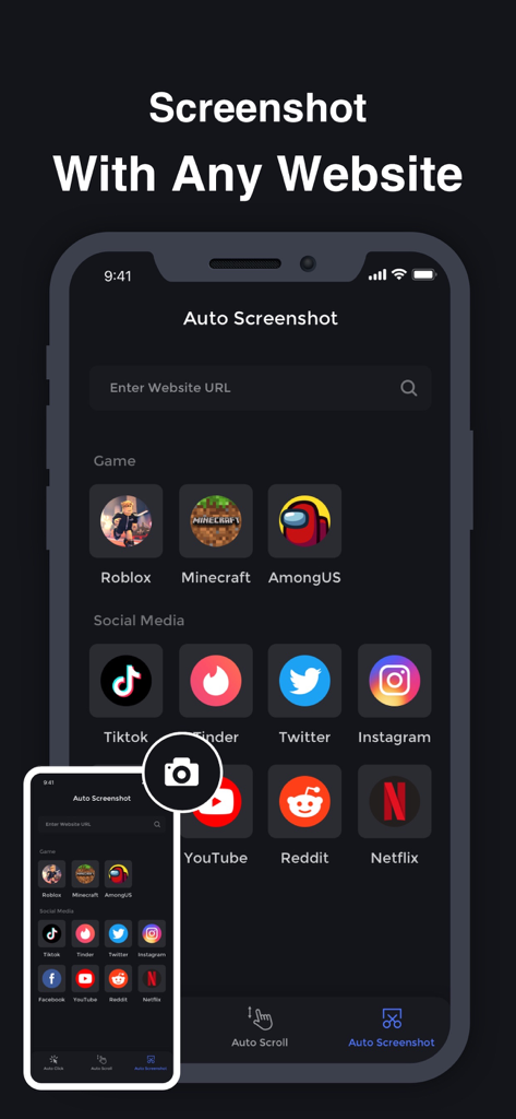 Auto Clicker - Auto Tapper App - Auto Clicker app screen displaying auto screenshot options for various games and social media platforms