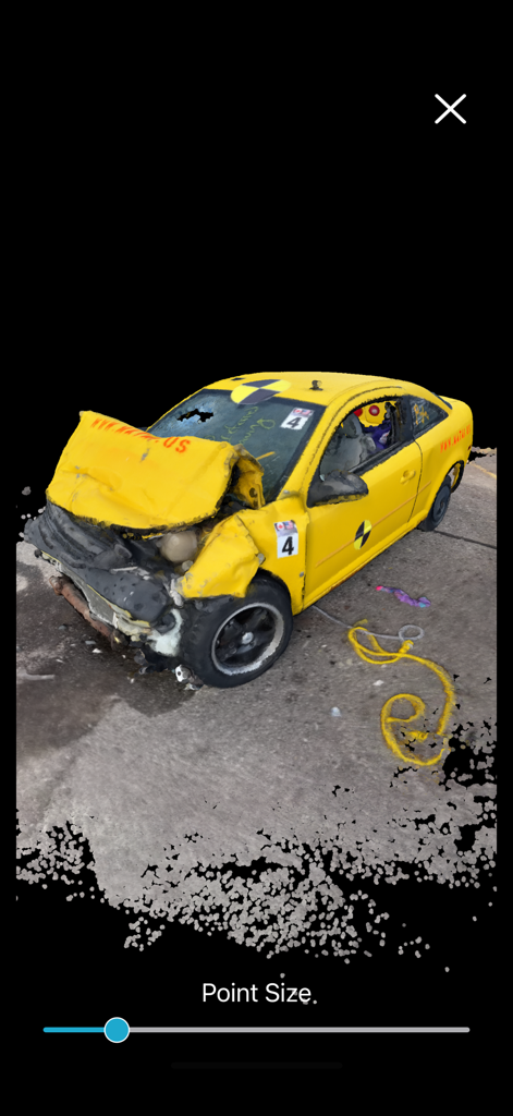Recon-3D - A 3D point cloud scan of a damaged yellow vehicle for forensic accident reconstruction