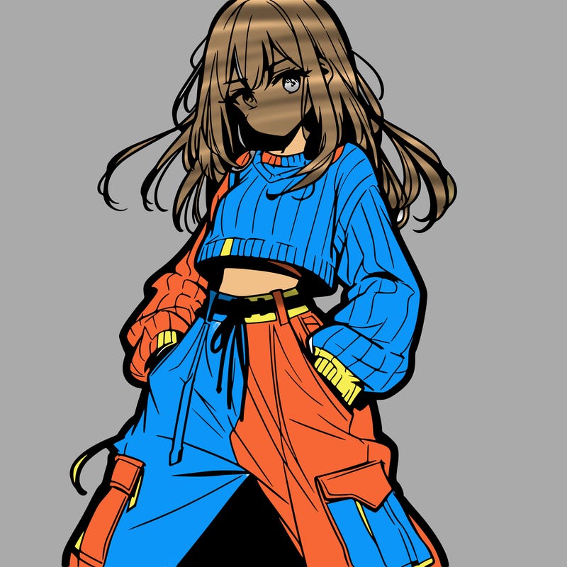anime teen girl with baggy pants and crop top with sweater