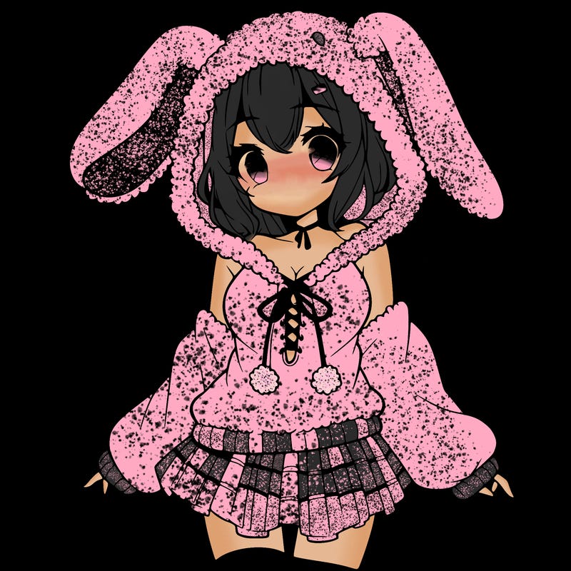 pretty anime girl wearing a fluffy hoodie with bunny ears on the hood and a skirt