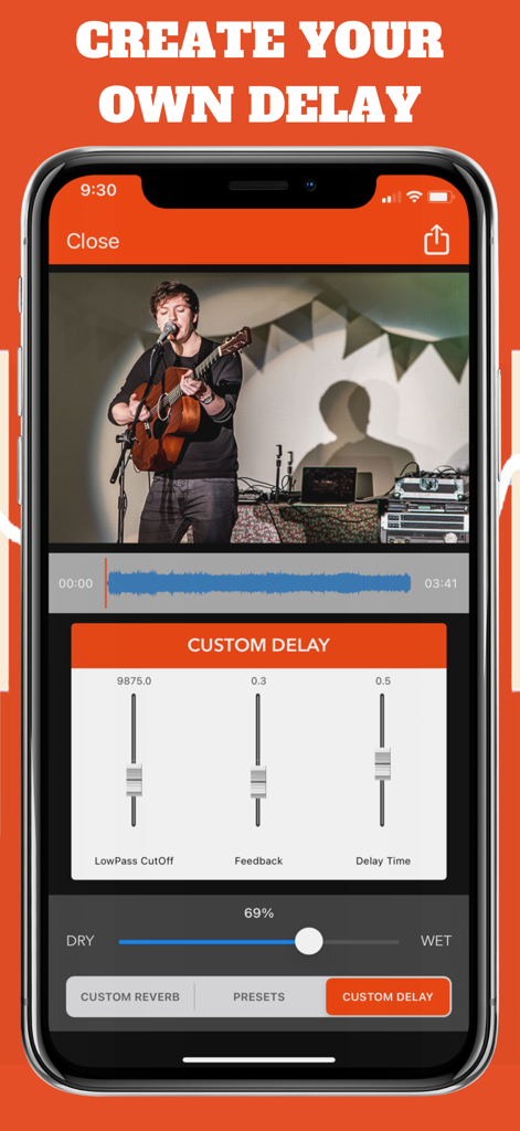 VideoVerb: Add Reverb to Video - VideoVerb app interface showing custom delay audio settings for a musician video