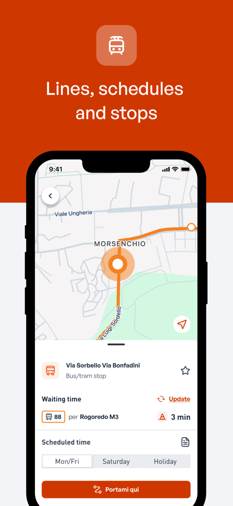 ATM Milano App-Oberfläche mit Echtzeit-Wartezeiten und Busstopp-Standorten auf einer Karte