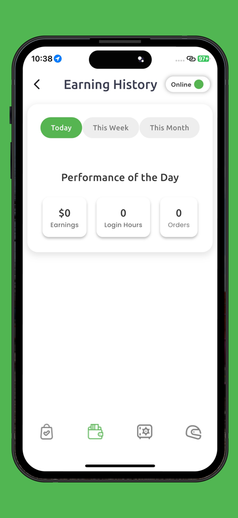 Delicart  Partner - Delicart Partner app earning history screen showing daily performance metrics including earnings, login hours, and number of orders.