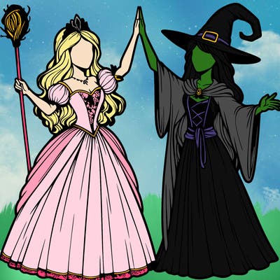 detailed realistic split of a princess and a witch