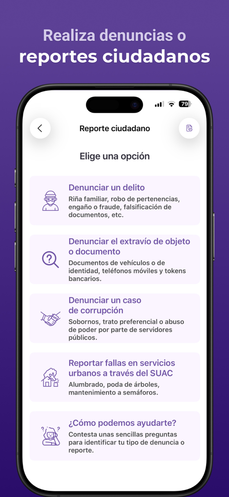 Interface of the App CDMX citizen report screen showing options to report crimes, lost documents, and urban service failures.