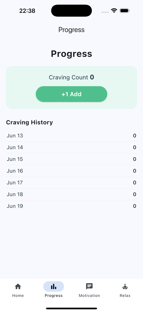 Progress screen showing a daily craving log and add button in the Quit Smoking app