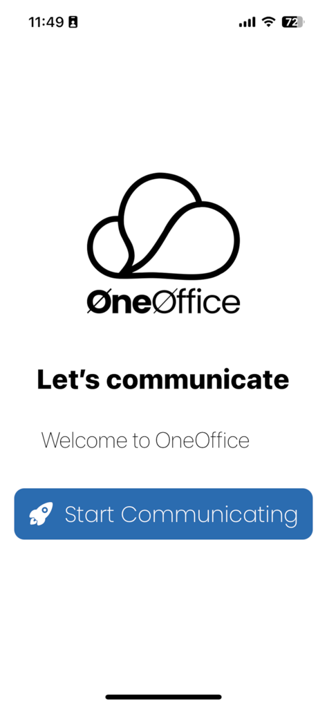 Pantalla de bienvenida de la App OneOffice que muestra el logo y un botón Iniciar Comunicación