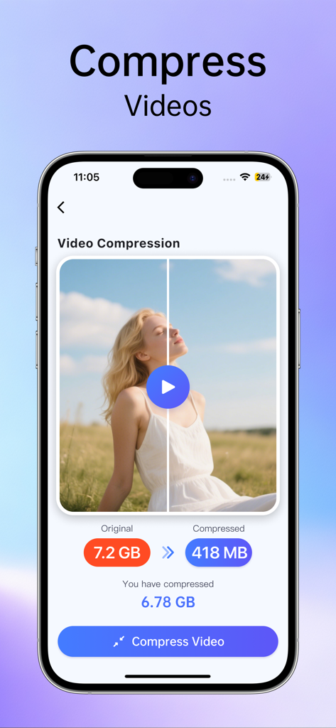 A screenshot of the Clean Up app showing a video compression feature that reduces a file from 7.2 GB to 418 MB.