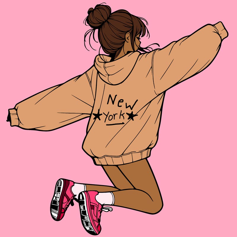 realistic girl jumping with a bun and oversized sweatshirt