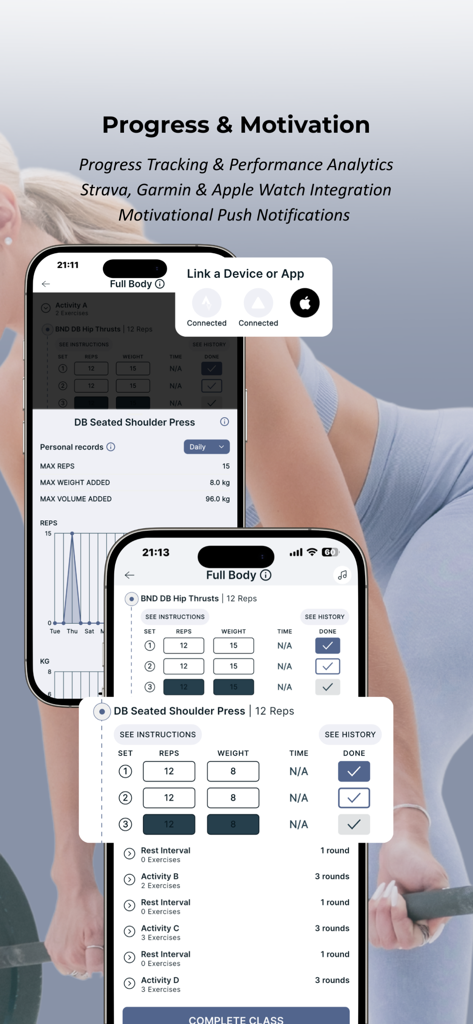 ON-DMND - Captures d'écran de l'application ON-DMND montrant le suivi des performances d'entraînement et l'intégration d'appareils connectés