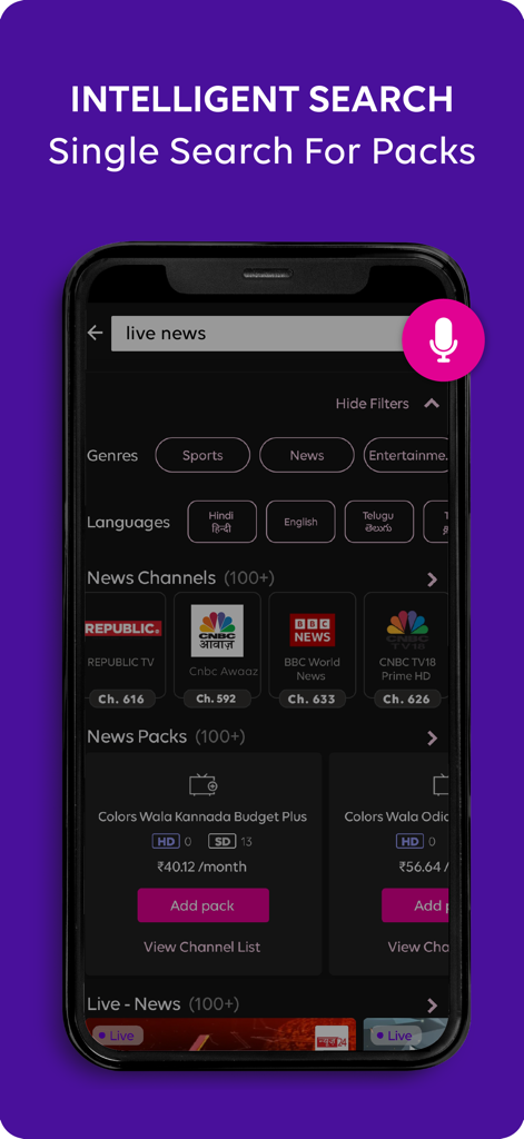 Tata Play - Live TV & DTH Pack - Tata Play 앱 지능형 검색 인터페이스, 뉴스 채널 및 언어 필터 표시