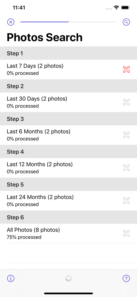 Photos Search Text app screen showing scan progress for different photo library time ranges