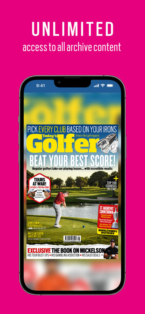 Today's Golfer: Golf Advice - Todays Golfer mobile app showing unlimited archive access
