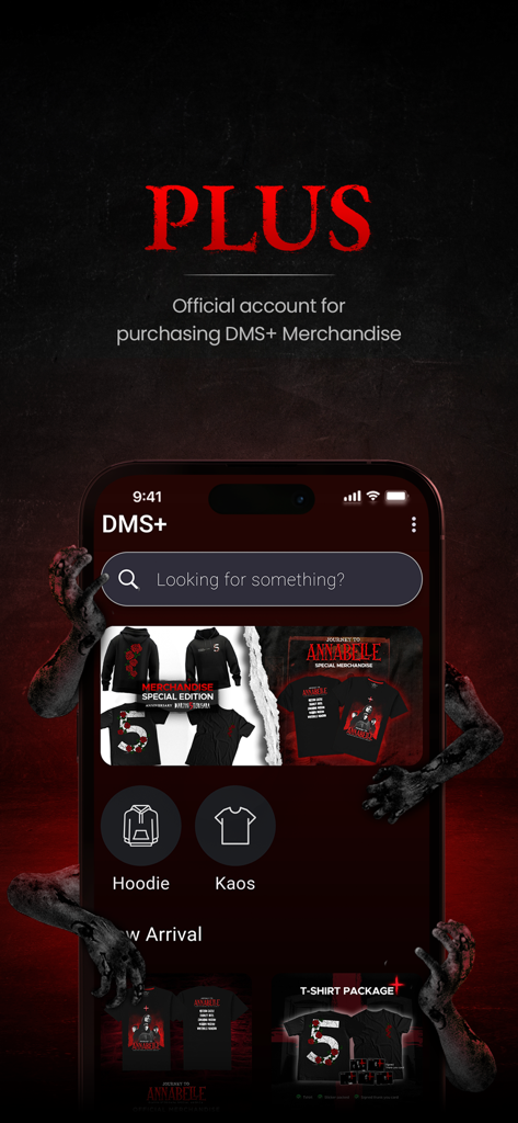 DMS Plus - DMS Plus app screen showing the official horror merchandise store with hoodies and t-shirts.