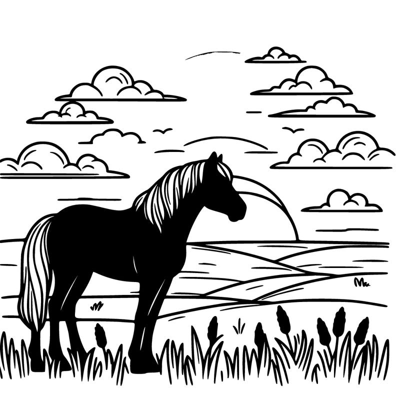 sunrise on a open field with horse silouit