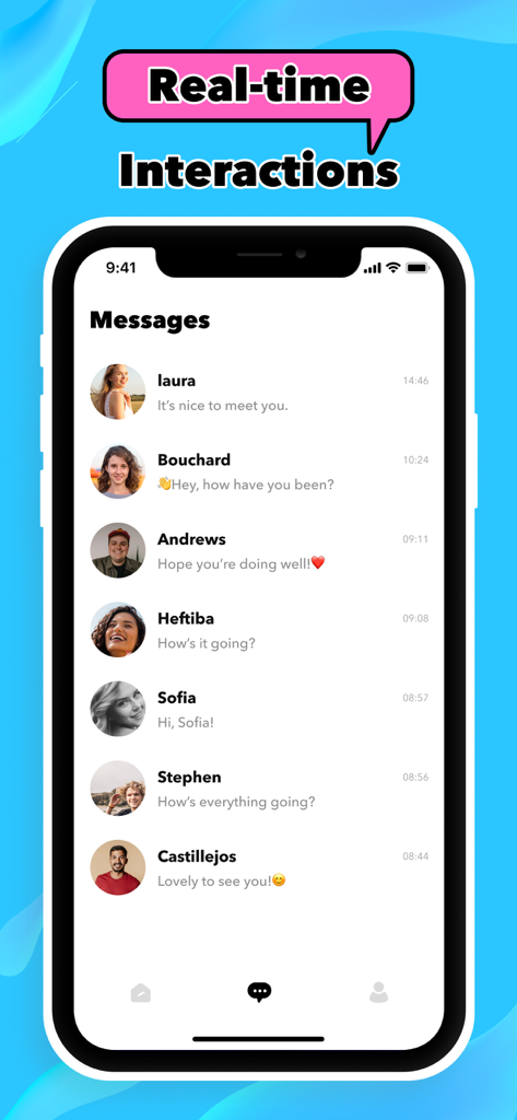 Interfaz de mensajería de la aplicación Sharky que muestra una lista de conversaciones recientes con varios usuarios
