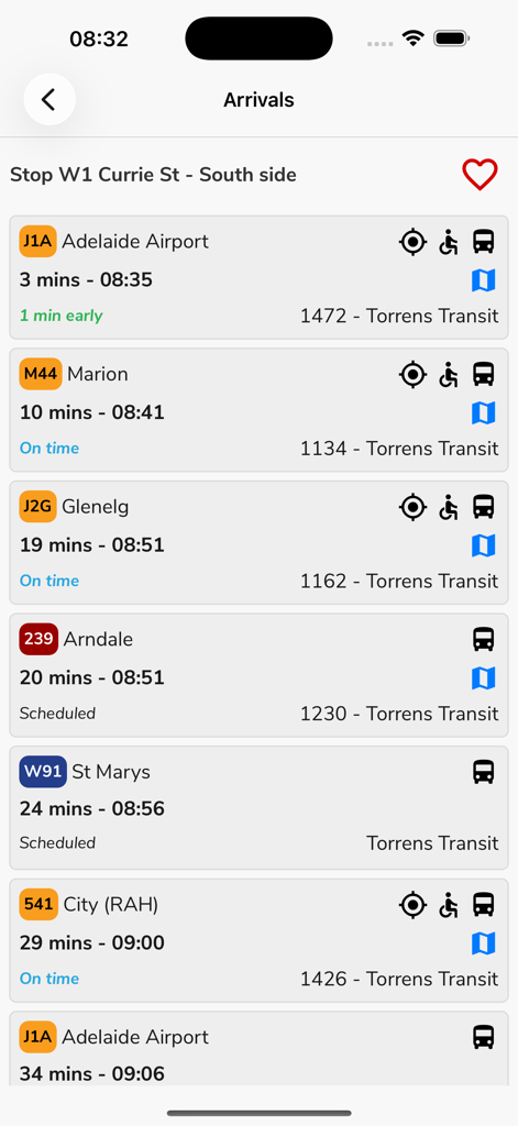 Adelaide Metro: Should I Run? - A real-time list of bus arrivals at Currie Street in Adelaide showing route numbers and countdown timers.
