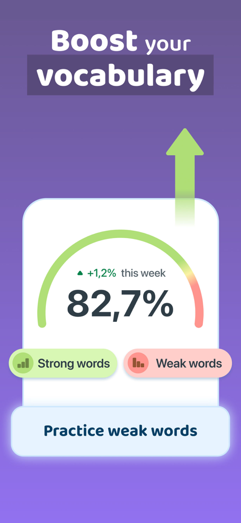 Interface do aplicativo Xeropan mostrando o acompanhamento do progresso de vocabulário com um botão de prática de palavras fracas
