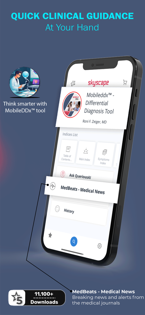Smartphone mostrando la interfaz de la aplicación de diagnóstico diferencial MobileDDx con herramientas clínicas y noticias médicas.