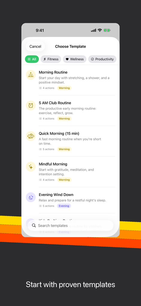 Sequence - Timer & Routines - Una pantalla que muestra plantillas de rutina como preparación matutina y nocturna en la aplicación Sequence.