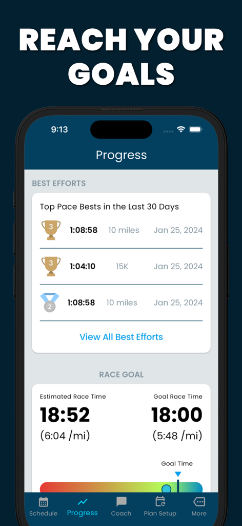 NXT RUN - AI Running Coach - NXT RUN app progress screen displaying personal best records and race goal tracking
