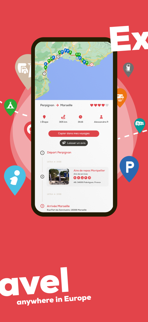 CaraMaps app screen displaying a motorhome route planning interface with a map and travel details