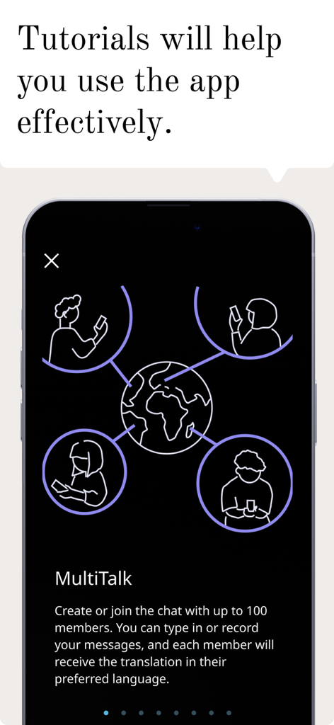 Vasco MultiTalk 앱 튜토리얼 화면에 최대 100명의 회원을 위한 다국어 그룹 채팅 기능에 대한 설명이 표시됩니다.