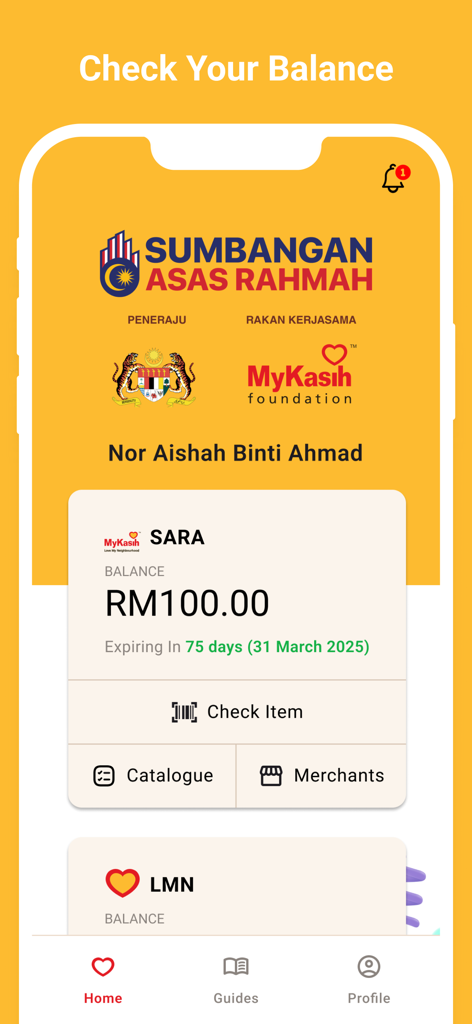 MyKasih - MyKasih mobile app dashboard displaying a wallet balance of 100 Ringgit for the SARA welfare program
