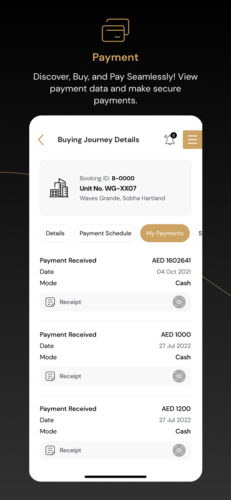 ONE Sobha App - Mobile app interface showing payment history and buying journey details for a Sobha property investment