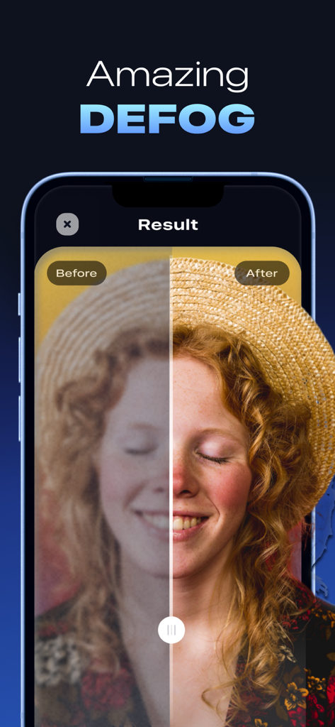Clear Picture: Photo Enhancer - Before and after comparison of a portrait showing the AI defogging and clarity enhancement feature of the Clear Picture app.