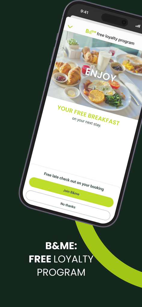 B&B HOTELS: book a hotel - A mobile screen showing the B and B Hotels free loyalty program with benefits like free breakfast and late checkout