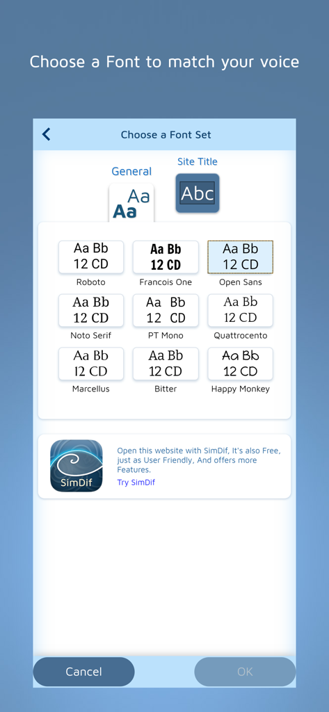 FreeSite – Website Maker - Font selection menu in the FreeSite app showing various typography styles for mobile website building.