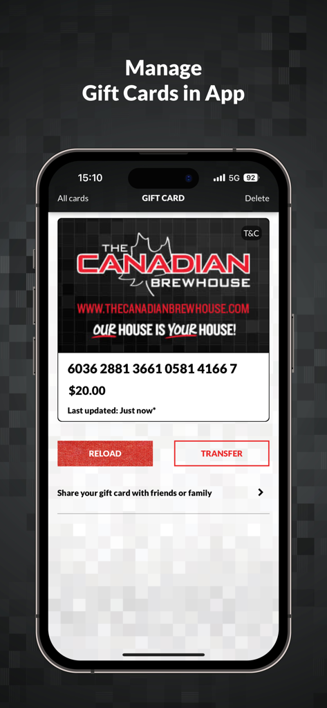 CBH Rewards - The CBH Rewards app interface showing digital gift card management with reload and transfer options.