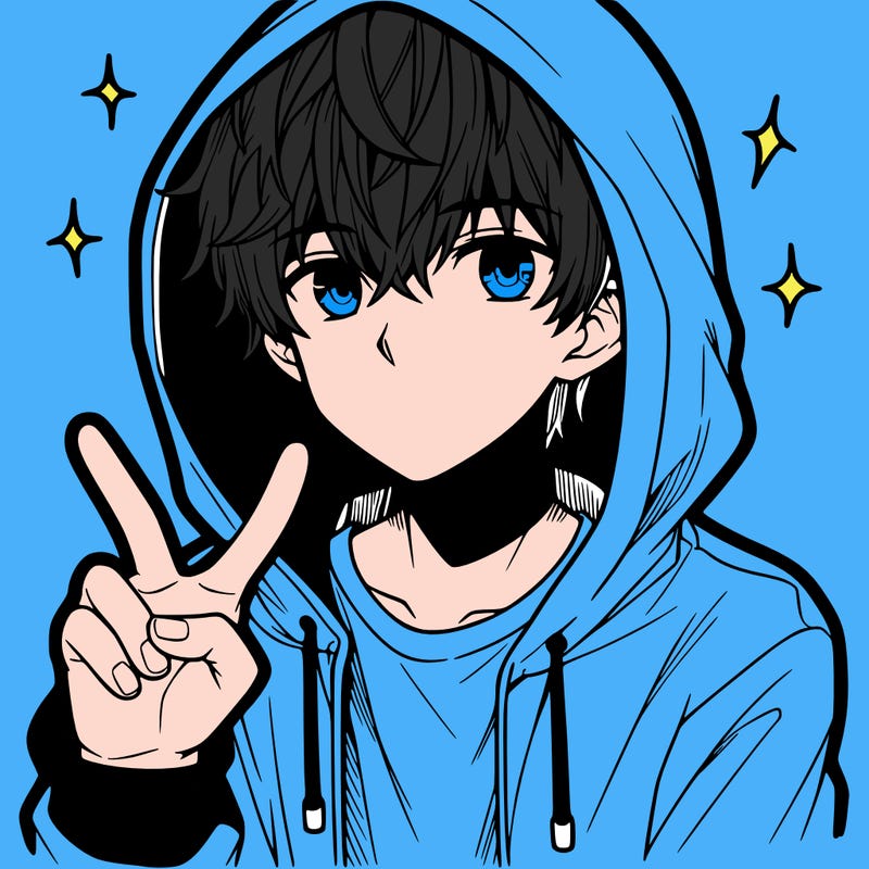 teenage manga boy in a hoodie, doing ✌