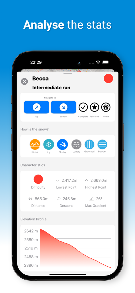 LastLift - Ski & Snowboard - Interface of the LastLift app showing detailed statistics for a ski run including snow conditions, distance, and elevation profile