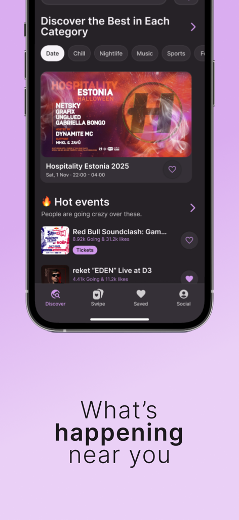 Mobile app interface for discovering local events by category like nightlife and music